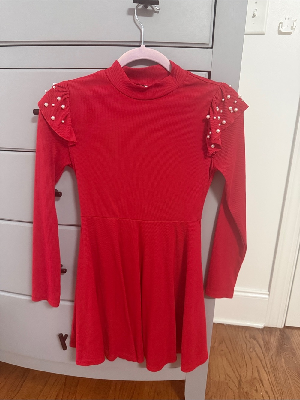 SHEIN Red Long-Sleeve Dress with Pearl Ruffle Shoulders